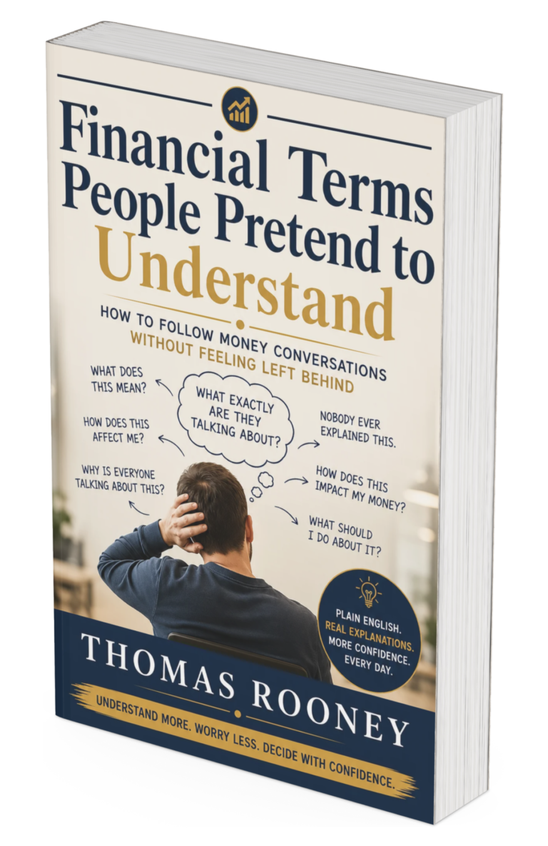 Book titled "Financial Terms People Pretend to Understand" by Thomas Rooney, showing a person scratching their head surrounded by speech bubbles filled with financial jargon and questions about financial literacy.