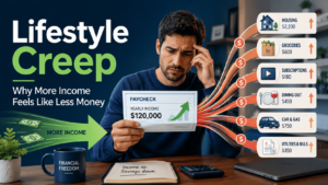 A man looks concerned while holding a paycheck of 0,000, with arrows showing various expenses like housing, groceries, and bills rising as his income grows—a clear example of lifestyle creep leaving him with less money.