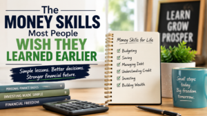 A notebook titled "Money Skills for Life" highlights personal finance skills beside stacked financial books, a mug, and a sign reading "LEARN GROW PROSPER" in a well-lit workspace.