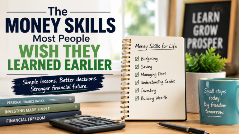 A notebook titled "Money Skills for Life" highlights personal finance skills beside stacked financial books, a mug, and a sign reading "LEARN GROW PROSPER" in a well-lit workspace.