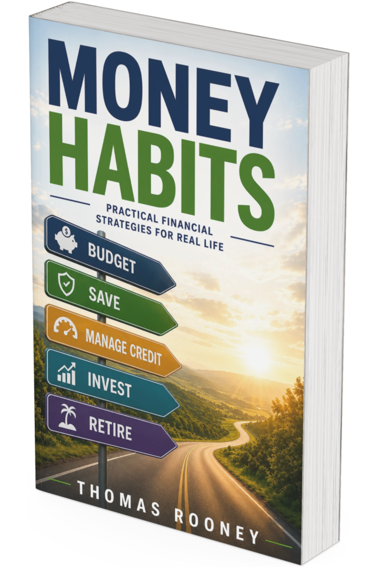 Book titled "Money Habits" by Thomas Rooney with a road and sunrise cover; topics listed include real life financial strategies to help you budget, save, manage credit, invest, and retire.