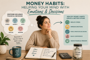 Woman sits at a desk with a notebook labeled "Plan. Save. Grow.", thoughtfully making financial decisions with the help of a calculator and a jar labeled "Future Goals," surrounded by infographics about emotions and healthy money habits. | Money Habits For Me Woman sits at a desk with a notebook labeled "Plan. Save. Grow.", thoughtfully making financial decisions with the help of a calculator and a jar labeled "Future Goals," surrounded by infographics about emotions and healthy money habits.