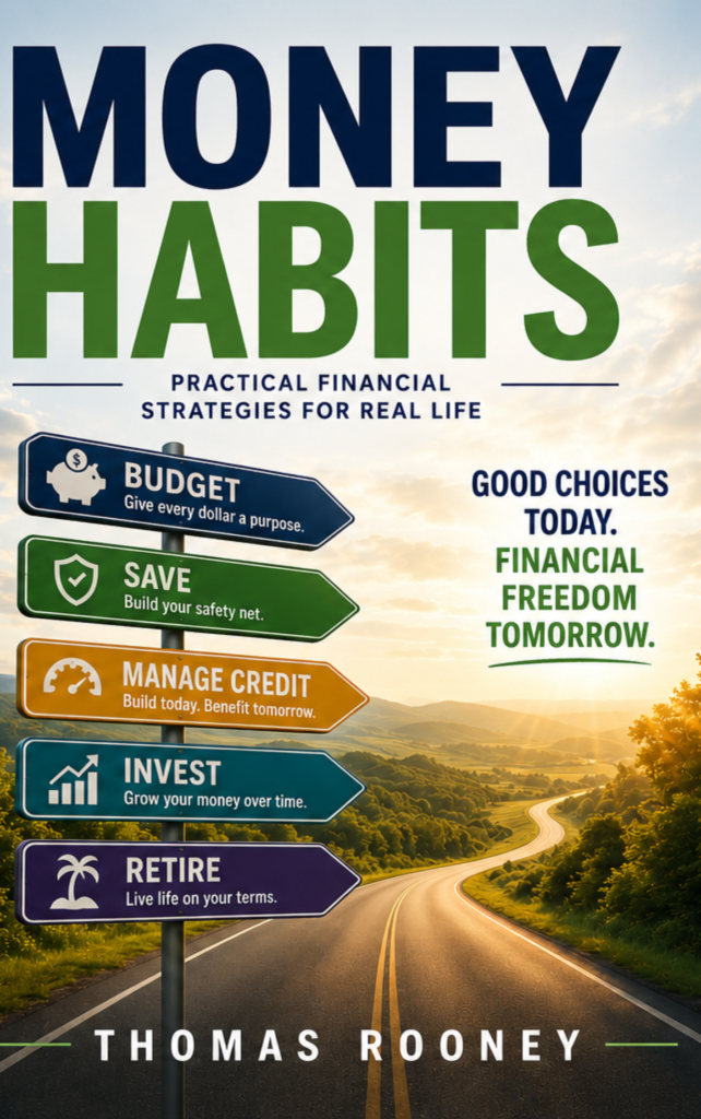 Book cover titled "Money Habits" by Thomas Rooney, featuring road signs for budget, save, manage credit, invest, and retire—an inspiring sunrise guides readers toward financial education on a winding road.