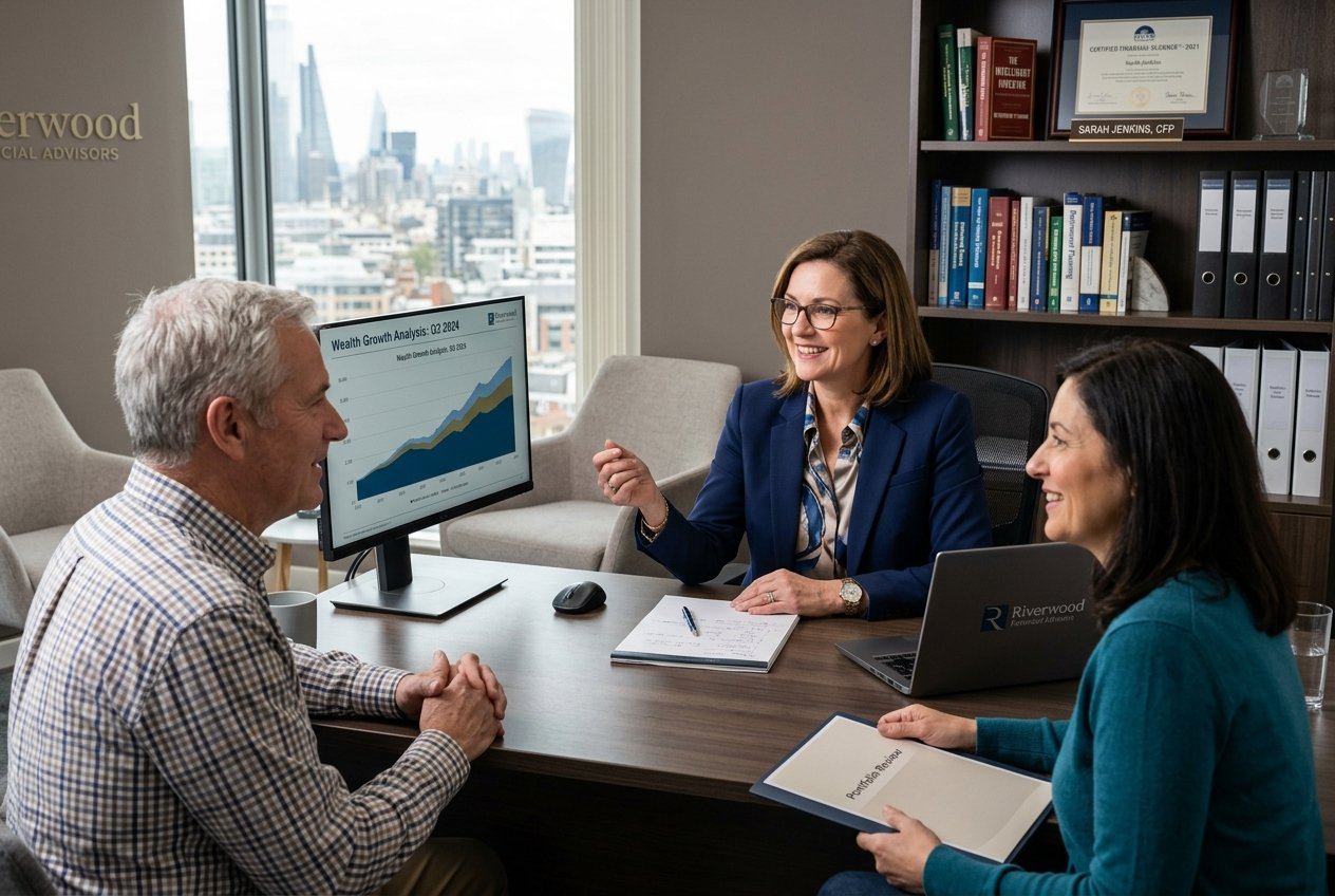 Three people in a modern office review a wealth growth analysis graph on a computer screen, discussing their finances as papers, a laptop, and city buildings are visible in the background.