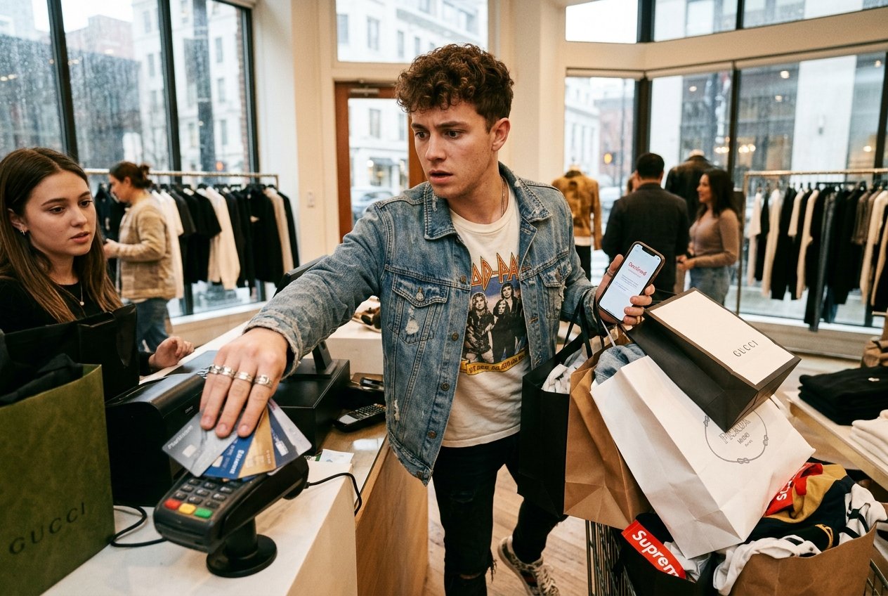 A young man at a clothing store checkout holds shopping bags and a phone while reaching to pay with a credit card, careful to avoid financial mistakes at the register. A cashier stands behind the counter.