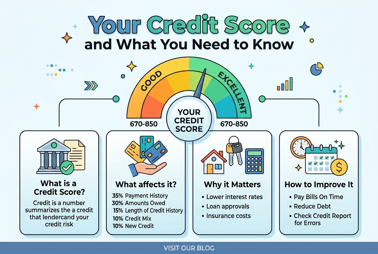 Infographic explaining credit scores and credit ratings: definition, influencing factors, importance, and tips for improvement, with a color-coded score range of poor, fair, good, and excellent. Also highlights how understanding your credit report can help boost your overall financial health.
