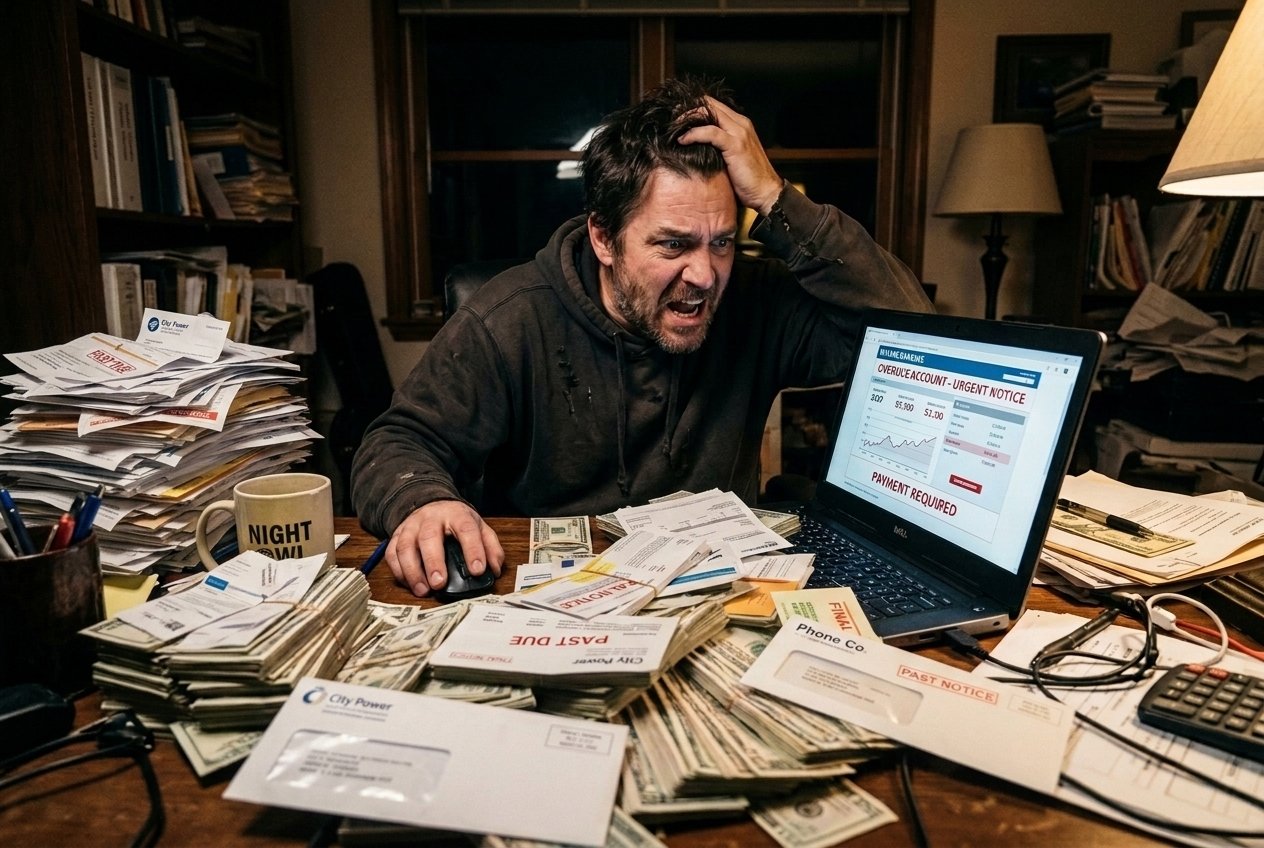 Unpaid Bills? Here’s How to Decide What to Pay First | Money Habits For Me A man sits at a cluttered desk with unpaid bills, cash, and a laptop showing an urgent notice, looking stressed and holding his head.