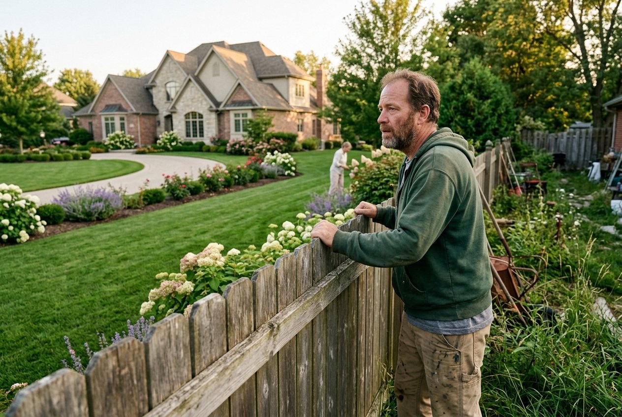 The Truth About Money: Why the Grass Isn’t Always Greener | Money Habits For Me A man in a green hoodie leans on a wooden fence, looking at a well-maintained suburban yard with a large brick house in the background, perhaps pondering the greener grass myth and the financial truth behind such a picture-perfect lifestyle.