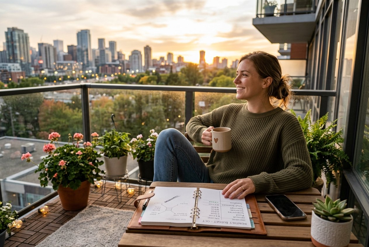 Woman sits on a balcony at sunset, holding a mug and smiling. An open planner—filled with budgeting notes—rests beside her phone and plants on the table. The city skyline is visible in the background, reflecting her sense of financial security and contentment. | Money Habits For Me Woman sits on a balcony at sunset, holding a mug and smiling. An open planner—filled with budgeting notes—rests beside her phone and plants on the table. The city skyline is visible in the background, reflecting her sense of financial security and contentment.