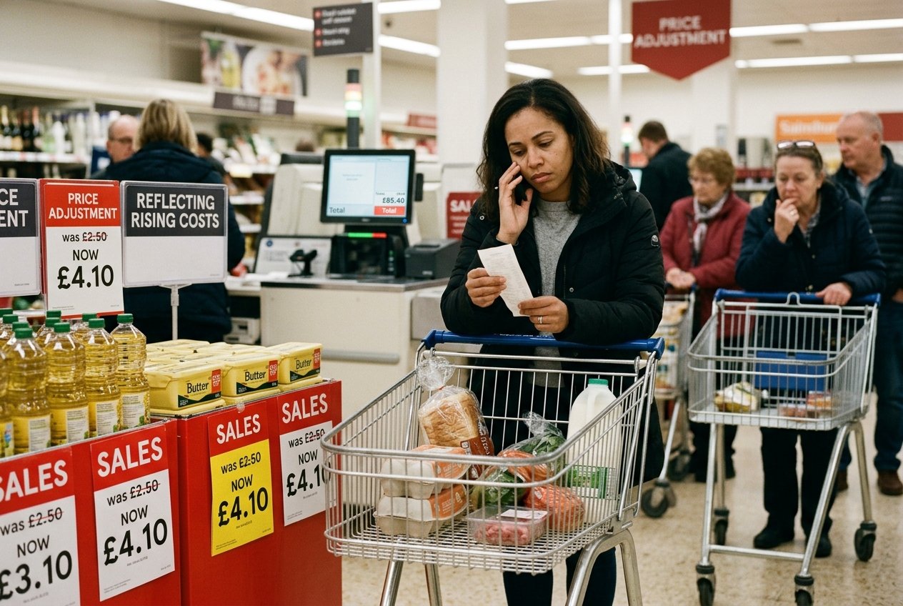 A woman stands in a supermarket aisle looking at a receipt while talking on the phone, perhaps discussing the economic impact of rising prices and inflation, with her shopping cart and other shoppers in the background.