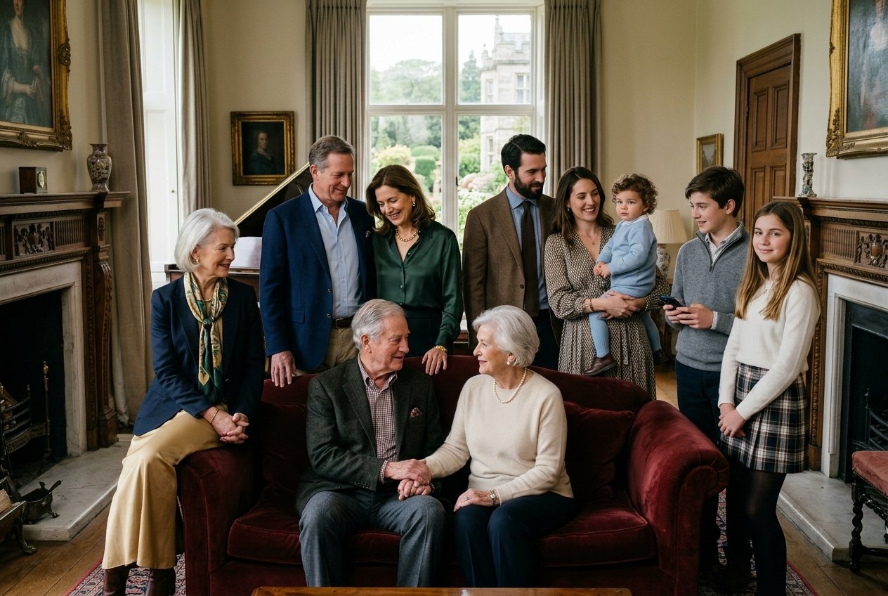 Three generations of a family pose together in a living room, celebrating the legacy they share. An elderly couple sits on a sofa while relatives—children and adults—stand and gather around them, symbolizing the continuity of generational wealth and looking forward to the family's future.