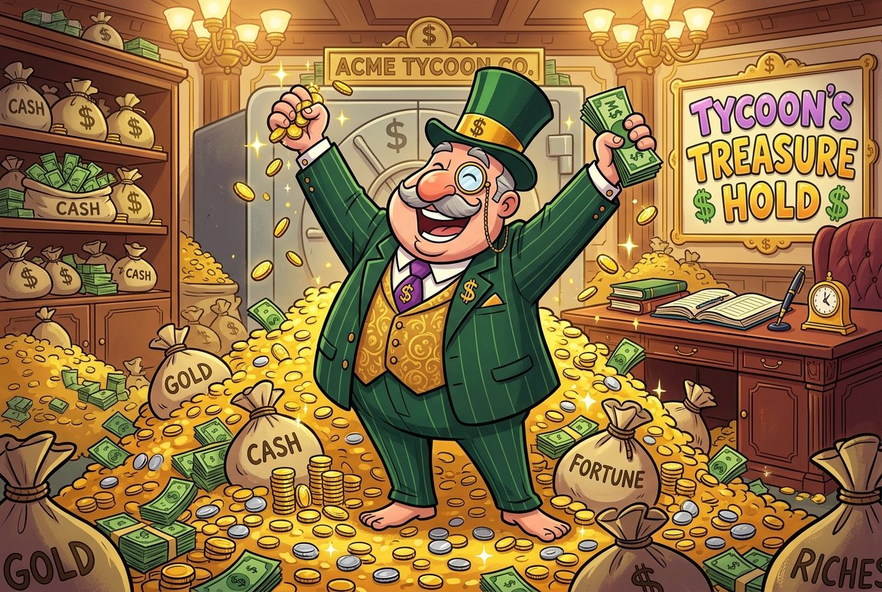 Cartoon tycoon in a vault filled with cash, gold coins, and treasure bags, celebrating while holding money. A sign reads "Tycoon's Treasure Hold," showcasing unmistakable signs of wealth at every turn. | Money Habits For Me Cartoon tycoon in a vault filled with cash, gold coins, and treasure bags, celebrating while holding money. A sign reads "Tycoon's Treasure Hold," showcasing unmistakable signs of wealth at every turn.