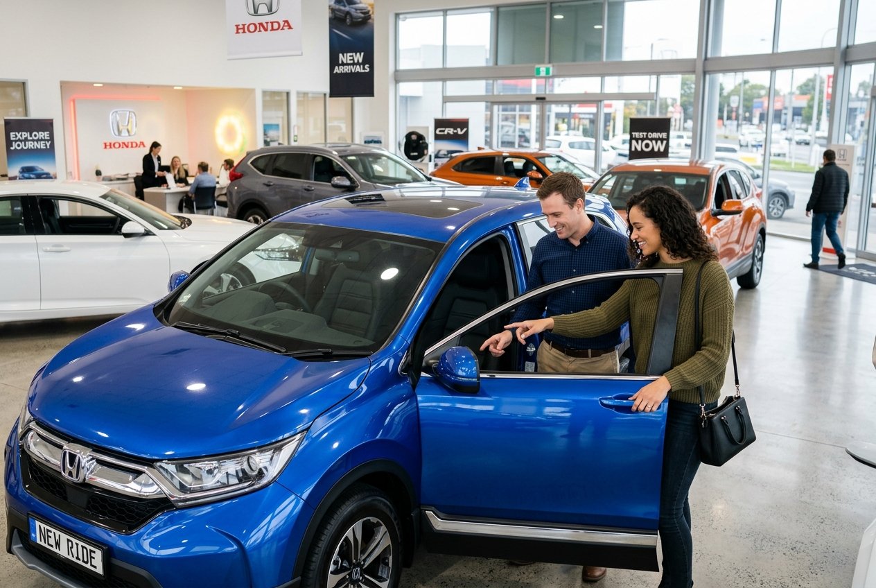 Two people stand next to a blue Honda SUV inside a dealership showroom, with one person pointing at the car’s side mirror, possibly discussing hidden expenses that may arise when buying a new car. Other cars and Honda signs are visible in the background.