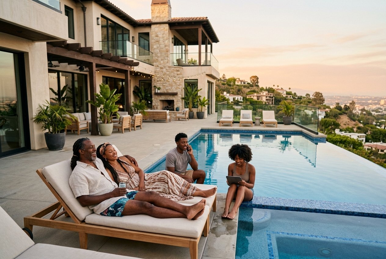 Four people relax by a modern backyard pool; two lounge on chairs, one sits at the pool’s edge, and one sits on the ground, with a large house and stunning city view in the background—showcasing the lifestyle you might enjoy when you follow a millionaire guide or learn how to become a millionaire.