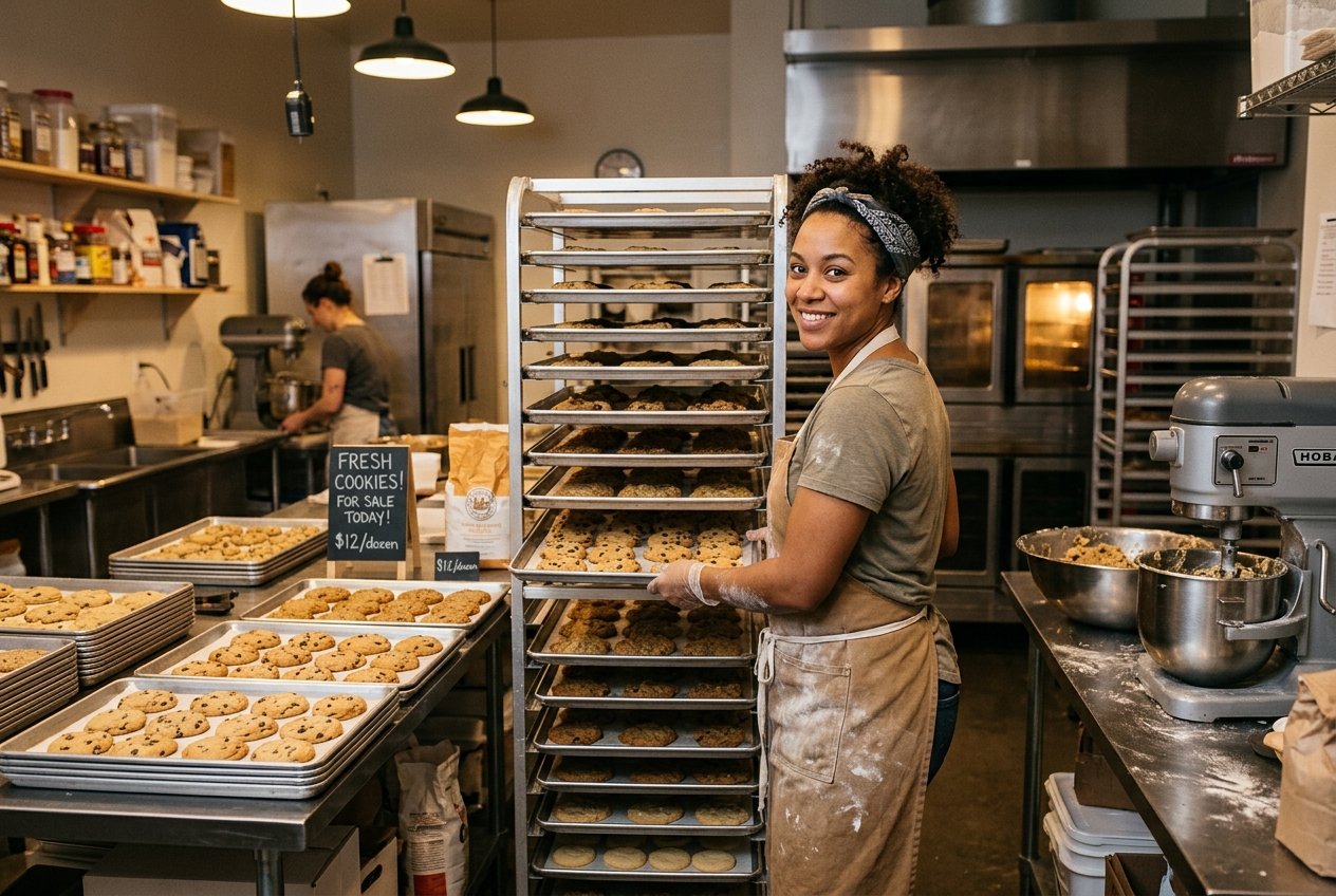 Extra Income Made Easy: Practical Side Hustle Ideas | Money Habits For Me A baker stands in a kitchen, smiling while holding a rack of cookies—perhaps showcasing the sweet rewards of a successful side hustle. Trays of cookies, baking equipment, and another person working are visible in the background, highlighting how baking can be an enjoyable way to earn extra income.