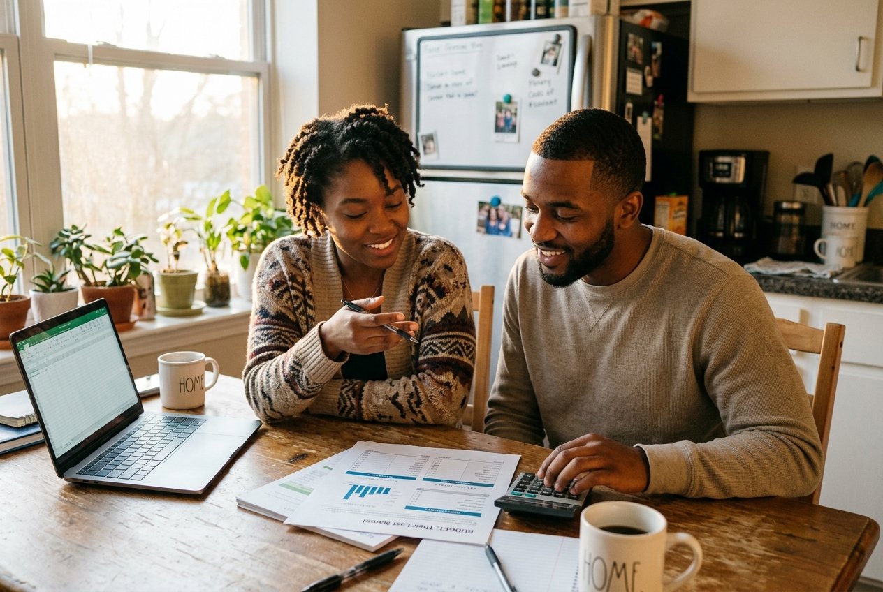 How to Create a Financial Plan That Actually Works | Money Habits For Me Two people sit at a kitchen table reviewing financial documents and charts, with a laptop, calculator, and coffee mugs in front of them as they work together on a financial plan to build wealth.