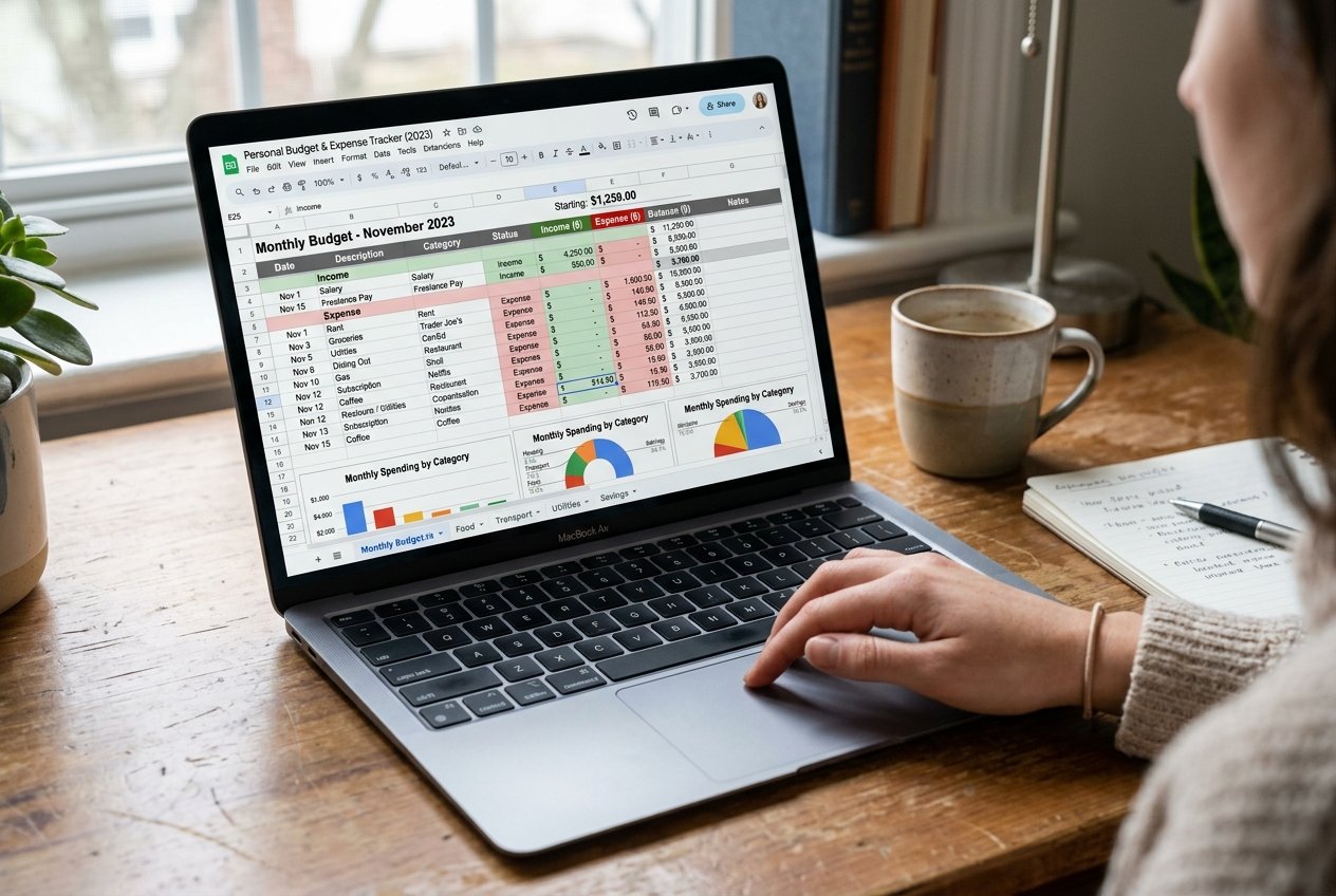 Person using a laptop to view a monthly budget spreadsheet with tables, charts, and colored cells—an essential step in tracking your money and practicing good money management; a notebook and coffee mug are on the wooden desk. | Money Habits For Me Person using a laptop to view a monthly budget spreadsheet with tables, charts, and colored cells—an essential step in tracking your money and practicing good money management; a notebook and coffee mug are on the wooden desk.