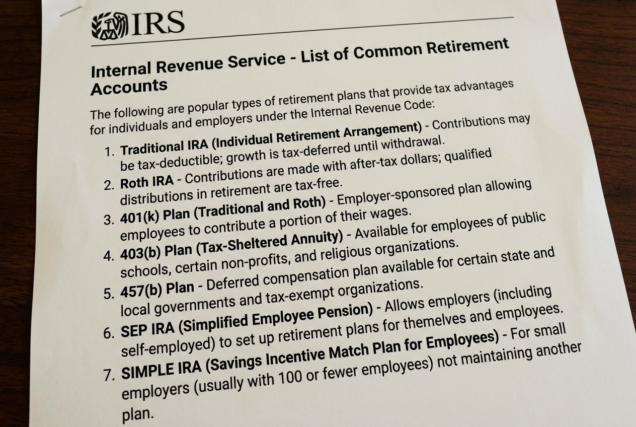 A printed IRS document serves as a comprehensive retirement guide, listing common retirement accounts—including Traditional and Roth IRAs, 401(k), 403(b), 457(b), SEP IRA, and SIMPLE IRA—with brief descriptions of each. The guide also highlights how these accounts can play a key role in lowering taxes while planning for your financial future.