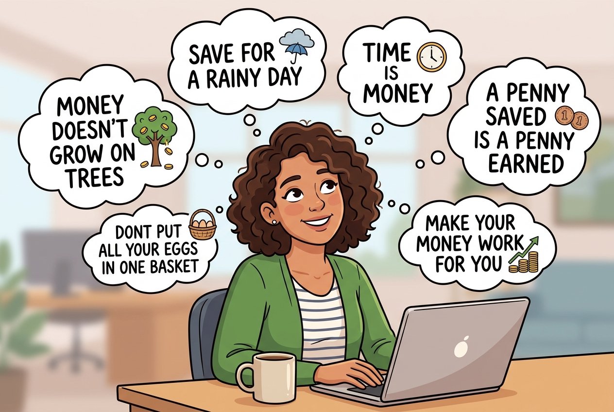A woman sits at a desk with a laptop, surrounded by illustrated financial advice phrases like "Save for a rainy day" and "Money doesn't grow on trees," drawing upon ancient wisdom and timeless money sayings for inspiration.