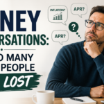 Money Conversations: Why So Many Smart People Feel Lost 2 A man sits at a table looking thoughtful, surrounded by graphics with financial terms, next to text reading, "Money Conversations: Why so many smart people feel lost.