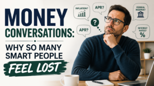 A man sits at a table looking thoughtful, surrounded by graphics with financial terms, next to text reading, "Money Conversations: Why so many smart people feel lost.