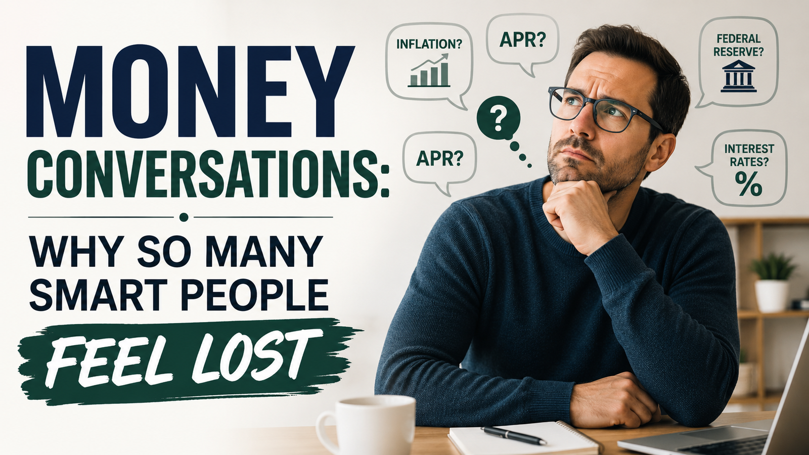 A man sits at a table looking thoughtful, surrounded by graphics with financial terms, next to text reading, "Money Conversations: Why so many smart people feel lost.
