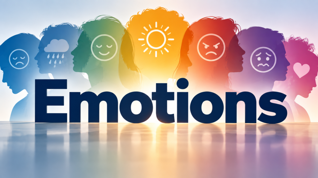 How Emotions Secretly Drive Your Negative Spending 1 Silhouettes of heads with various facial expressions and icons vividly illustrate different emotions, with the word âEmotionsâ boldly displayed across the center.