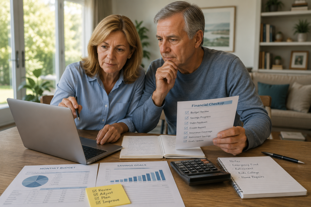 Two older adults review financial documents at a table with a laptop, calculator, notepad, and budget papers, appearing focused on planning or budgeting—taking the time for a simple financial checkup to help ensure a better year ahead.