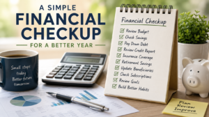 Desk scene for personal finance planning: a notebook titled 'Financial Checkup' with a long checklist and green check marks, calculator, charts, and a piggy bank nearby.