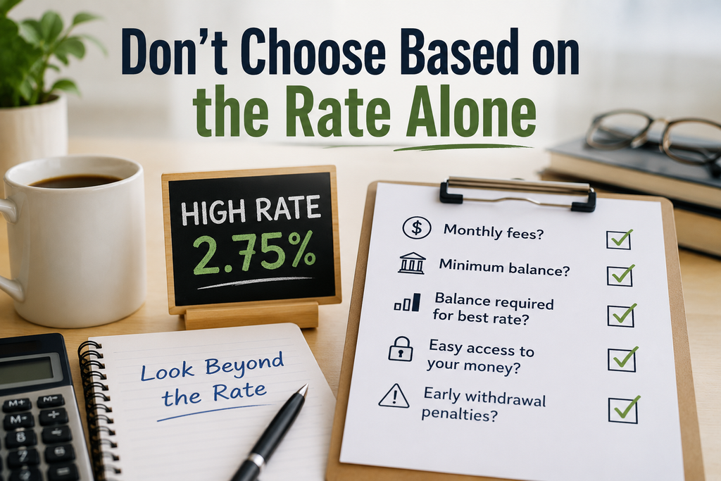 Desk with coffee, calculator, plant, and clipboard listing banking criteria—featuring options like Savings Account vs Money Market vs CD. Chalkboard shows “HIGH RATE 2.75%.” Text warns not to choose based on rate alone and encourages looking beyond the rate.