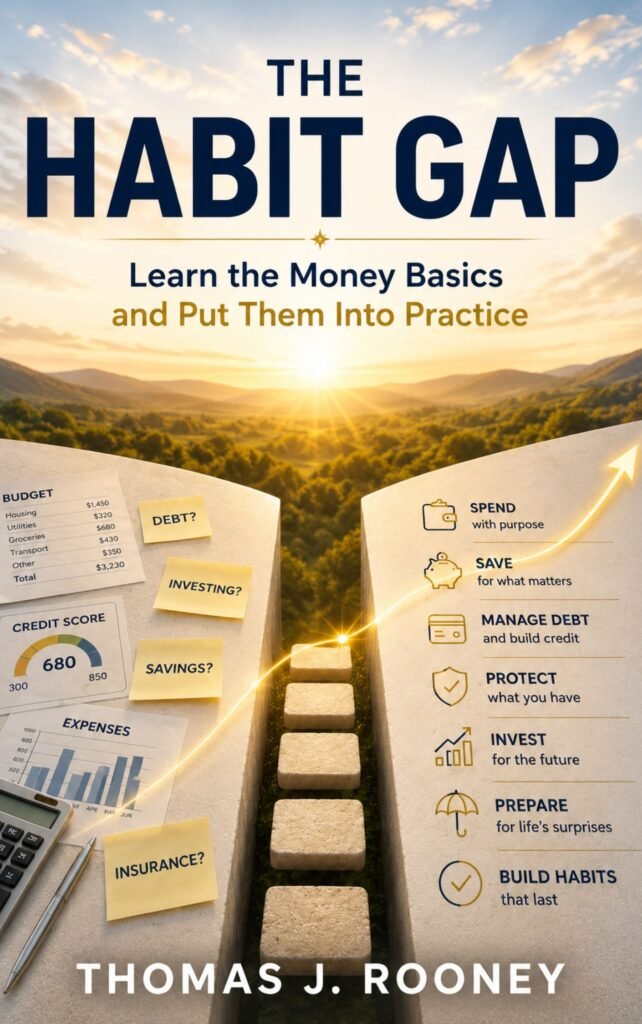 Book cover of “The Habit Gap” by Thomas J. Rooney, featuring financial planning notes, a credit score, and a sunrise over a stone path symbolizing progress—an inspiring visual for anyone looking to improve their money management and build better money habits.