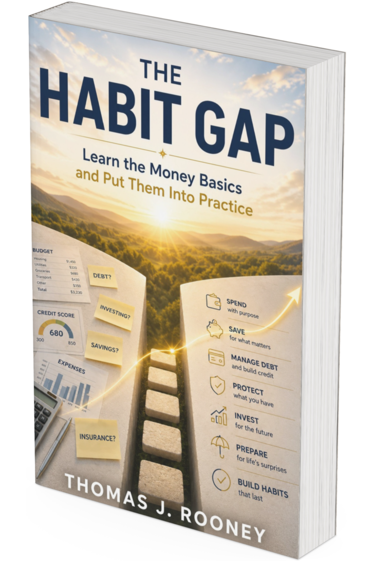 The cover of “The Habit Gap” by Thomas J. Rooney features sunrise over mountains, financial icons, and a stone staircase leading upward with steps labeled for saving, investing, and preparing—reflecting the theme of Simple Money Habits essential for financial success.