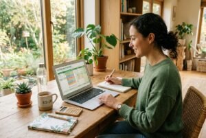 A woman works at a wooden desk with a laptop displaying a sustainability report, embodying the principles of Sustainable Budgeting. She is surrounded by plants, a notebook, pen, water bottle, mug, and calculator as she thoughtfully manages her resources for smart spending. | Money Habits For Me A woman works at a wooden desk with a laptop displaying a sustainability report, embodying the principles of Sustainable Budgeting. She is surrounded by plants, a notebook, pen, water bottle, mug, and calculator as she thoughtfully manages her resources for smart spending.