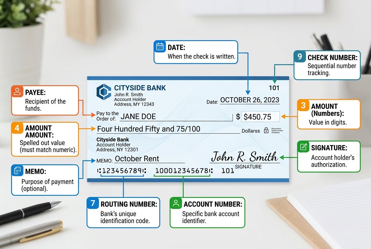 Using a Checkbook: Everything You Need to Know 1 Labeled diagram of a sample check for everyday use, showing fields for date, payee, memo, dollar amount, routing number, account number, check number, and signature—each with easy-to-understand brief descriptions to help you manage your checkbook with confidence.