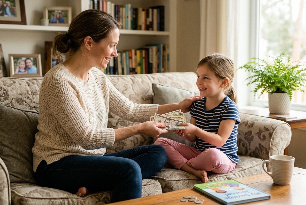 Kids' Financial Literacy: Start Smart Money Habits Now 1 An adult woman hands cash to a smiling young girl on a couch in a living room, illustrating the importance of kids’ financial literacy. Coins, a book, and a mug are on the wooden coffee table in front of them, highlighting an everyday moment that can be part of any financial literacy plan for children.