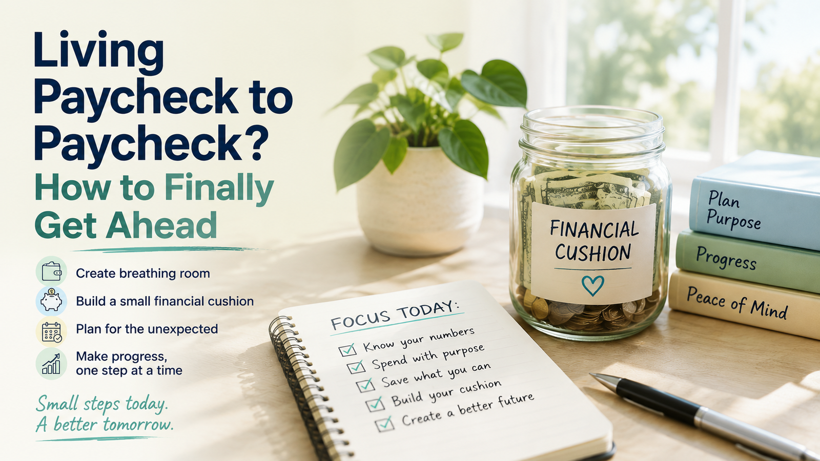 A jar labeled âFinancial Cushionâ with cash inside, a checklist on a notepad, and stacked books labeled âPlan Purpose,â âProgress,â and âPeace of Mindâ on a sunny tableâoffering inspiration for anyone living paycheck to paycheck.