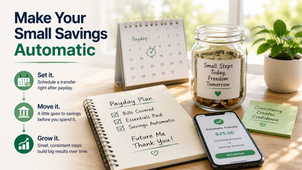 A desk displays a savings jar, a notebook with a payday plan, a smartphone showing an automatic transfer, and a sign encouraging small, consistent savings steps—practical tools to help stop hopelessness and break free from living paycheck to paycheck on the path toward financial stability.