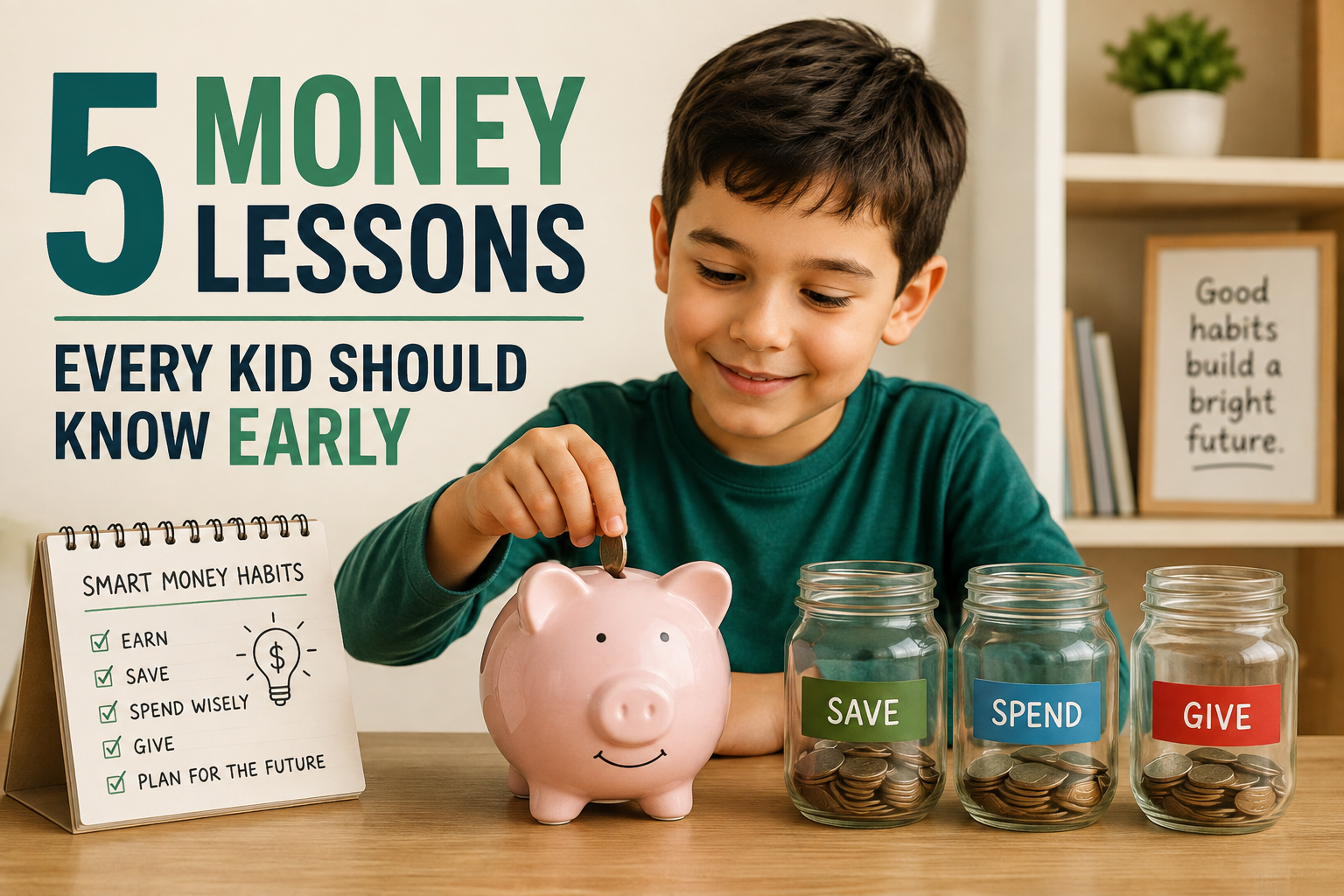 Young boy puts a coin in a piggy bank, with jars labeled Save, Spend, Give, and a sign listing smart money habits. Text reads, “5 Money Lessons Every Kid Should Know Early.” This scene highlights the importance of financial education for kids and teaching kids about money from an early age.