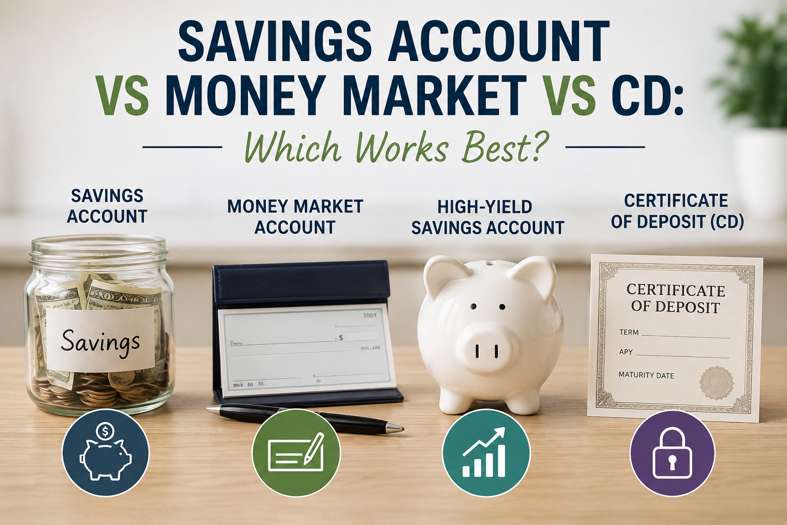 Comparison of savings account vs money market vs CD with corresponding images and icons for each financial product, helping you understand the differences between a savings account and a money market account to choose the best option for your financial goals.