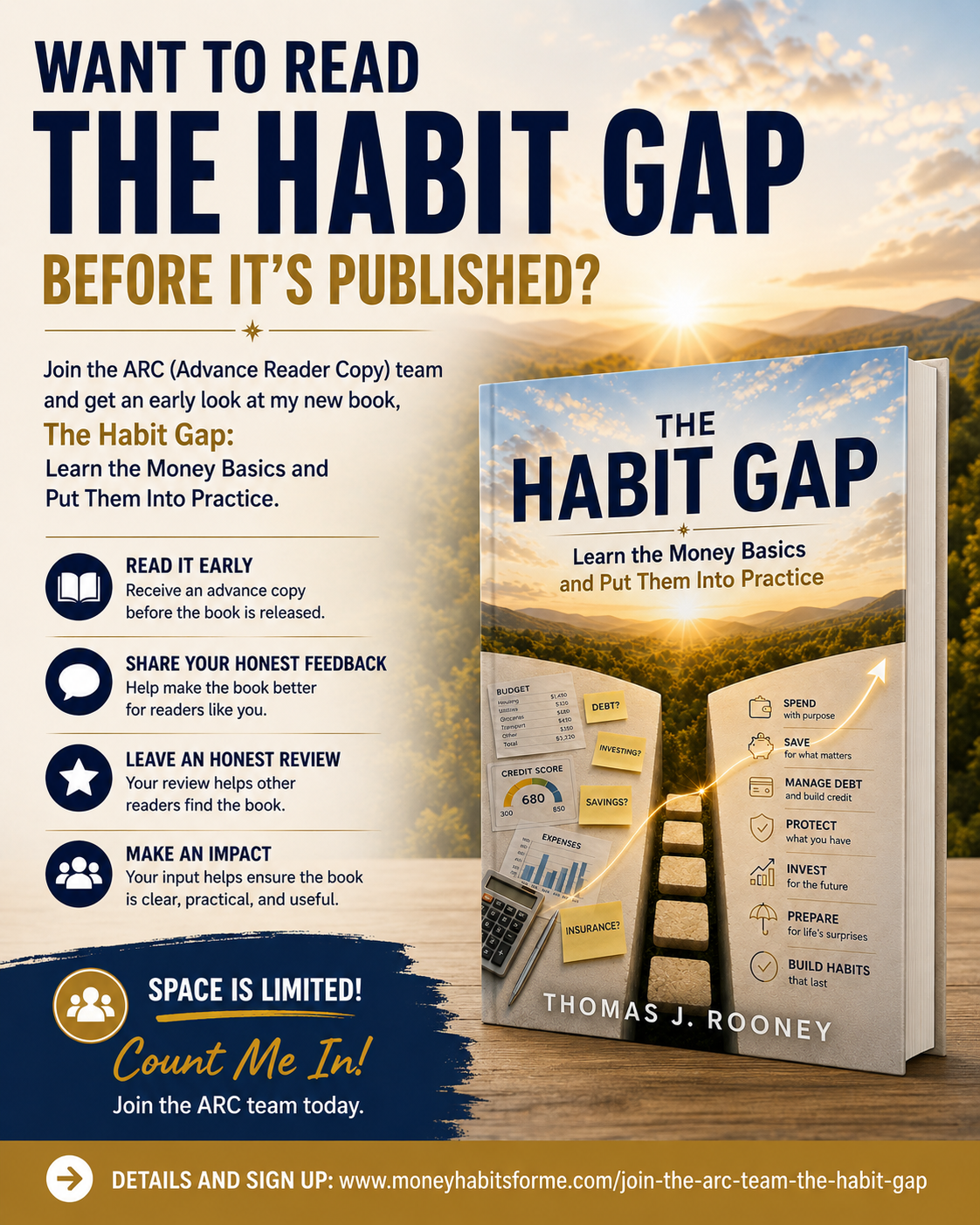 Promotional flyer for “The Habit Gap” book ARC, featuring an exclusive opportunity to Read Before Published. Discover the benefits of joining, view the compelling book cover image, and follow simple instructions to sign up at our website. Perfect for fans seeking their next favorite Money Book!.