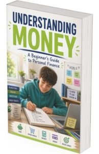 A boy writes at a desk with “Understanding Money: A Beginner’s Guide to Personal Finance,” a book focused on budgeting, saving, investing, and financial goals—all while learning simple money habits for managing his finances effectively.