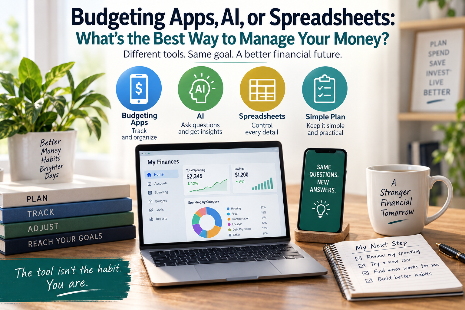 A laptop shows a finance dashboard; icons for budgeting apps, money management tools, AI, and spreadsheets are displayed. Books, a mug, and notes about financial planning appear around the workspace.