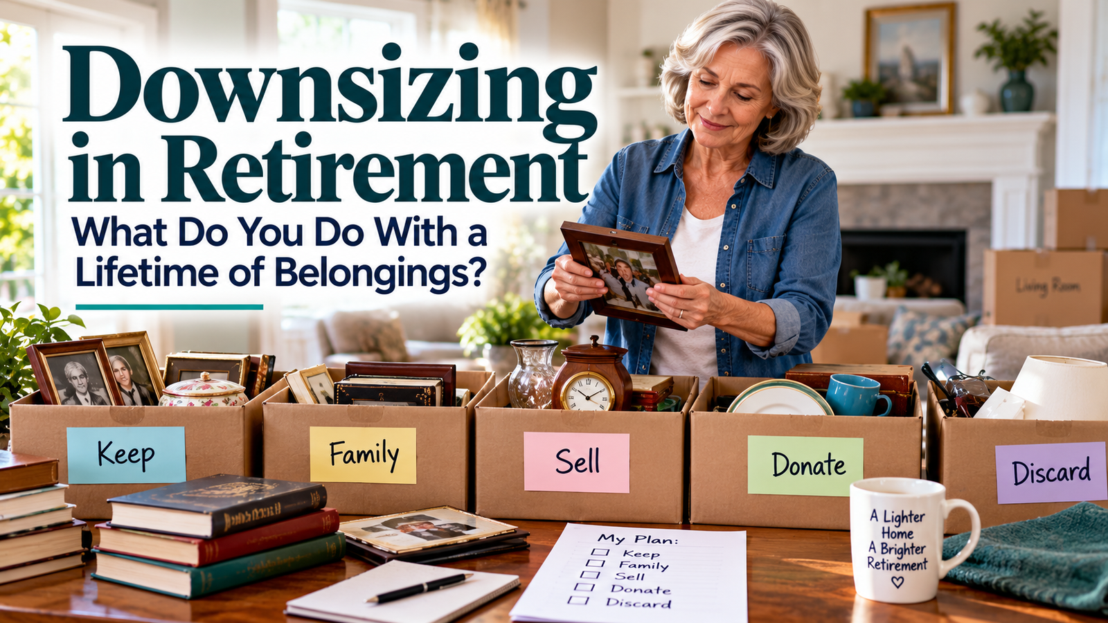 Older woman sorts photos and belongings into labeled boxes: Keep, Family, Sell, Donate, Discard. A checklist and moving boxes are visible, highlighting the thoughtful process of downsizing in retirement and organizing cherished memories for the next chapter.