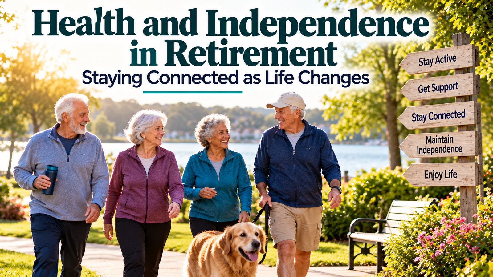 Four older adults walk with a dog in a park near a lake, enjoying the fresh air and each other’s company. A sign lists tips for maintaining independence in retirement and promoting overall health. Text above reads: “Health and Independence in Retirement: Staying Connected as Life Changes.”.