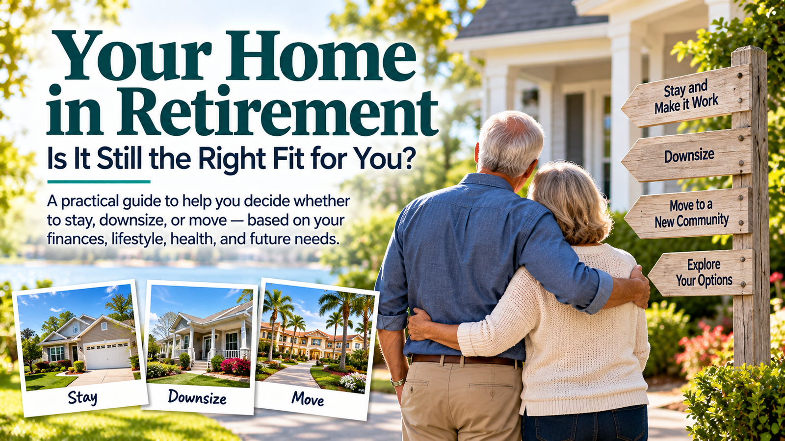 An older couple stands outside a house, looking at a signpost with housing options like “Stay,” “Downsize,” and “Move,” promoting a retirement housing decision guide to help them find the best home in retirement.