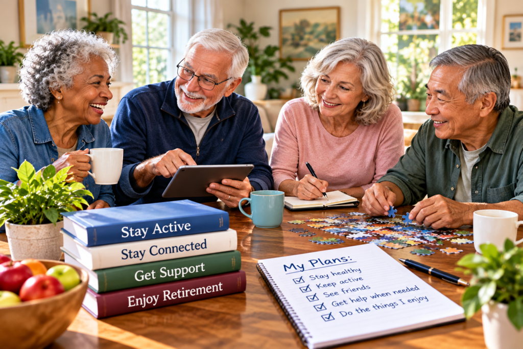 Health and Independence in Retirement: Staying Connected as Life Changes 1 Four older adults sit at a table with coffee, a tablet, books, and a puzzle. A checklist titled “My Plans” includes goals for health, activity, friends, support, and enjoyment—reflecting their commitment to maintaining independence in retirement while embracing an active and fulfilling lifestyle.