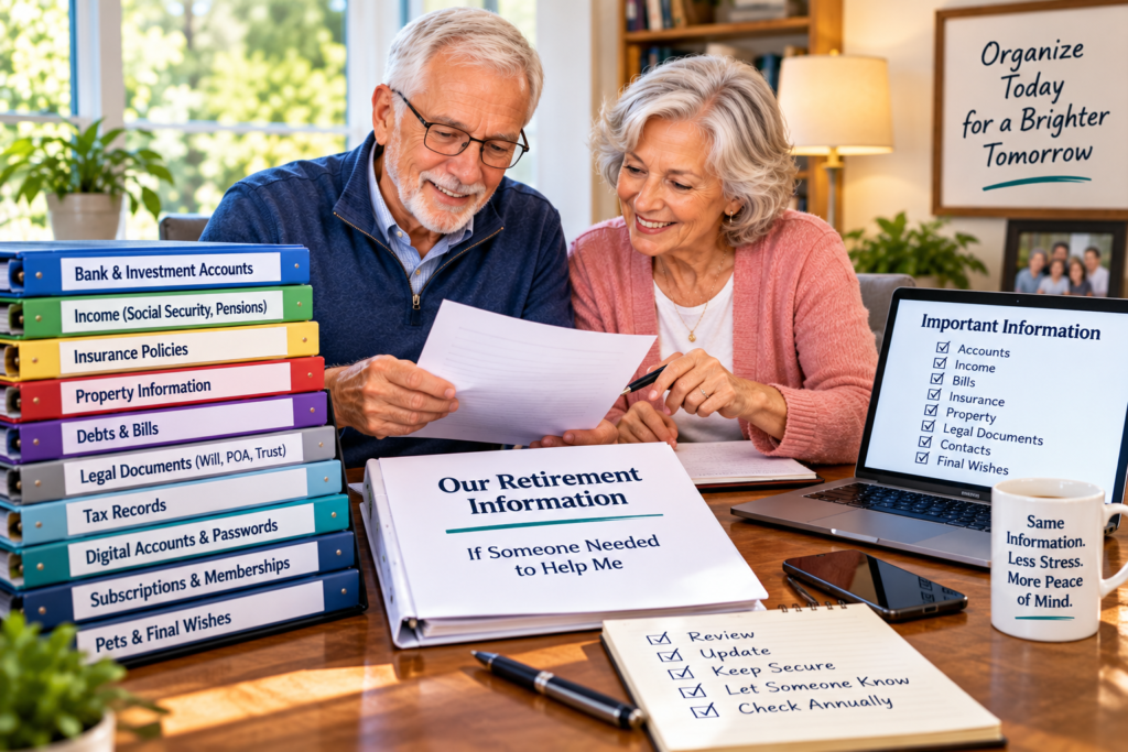 Managing Your Affairs in Retirement: Make Things Easier for Yourself and Your Family 1 Older couple reviews retirement documents at a table with labeled binders, checklists, and a laptop. A sign reads, “Organize Today for a Brighter Tomorrow.” The scene highlights the importance of managing your affairs in retirement to ensure peace of mind and financial security.
