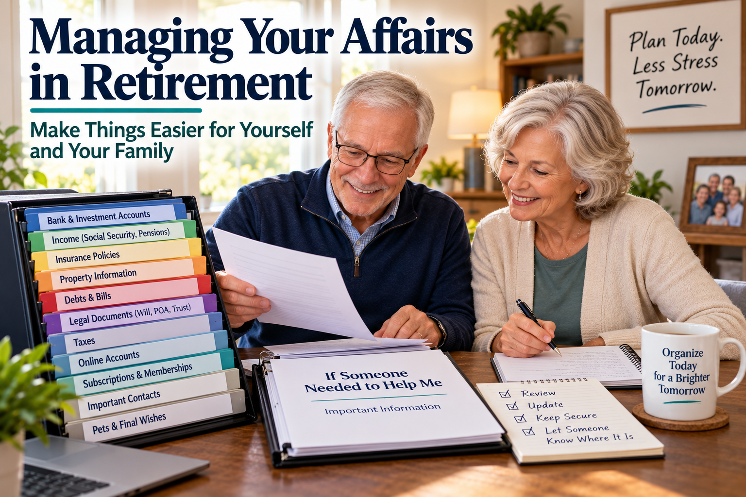 Older couple reviews retirement documents at a table with organized files, a checklist, and labeled binders under a sign that reads “Managing Your Affairs in Retirement,” demonstrating the importance of carefully managing your affairs in retirement for peace of mind.