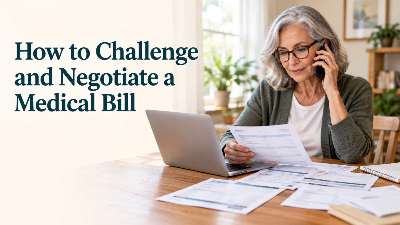 Older woman on phone reviews medical bills at table with a laptop, surrounded by paperwork. Text on image: “How to Challenge and Negotiate a Medical Bill.” She’s determined to negotiate a medical bill and find solutions among the stacks of documents in front of her.