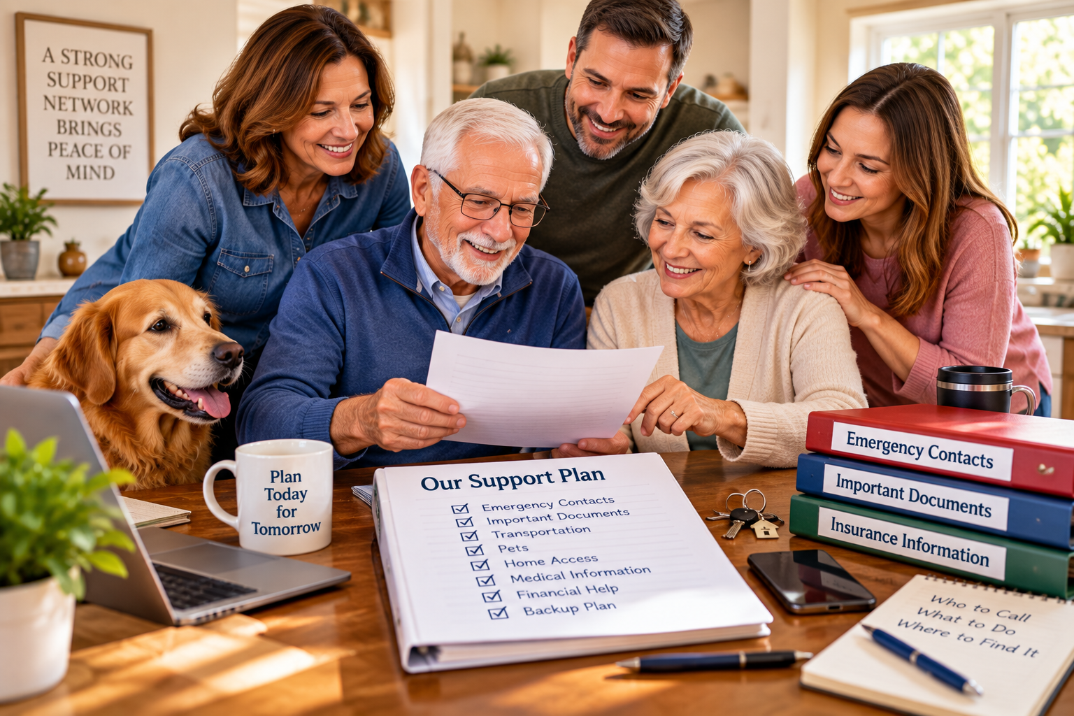 A group of people and a dog smile around a table, reviewing documents labeled “Our Support Plan” with folders for contacts, insurance, medical info, and a mug reading “Plan Today for Tomorrow”—an inspiring moment as they build their support network in retirement.